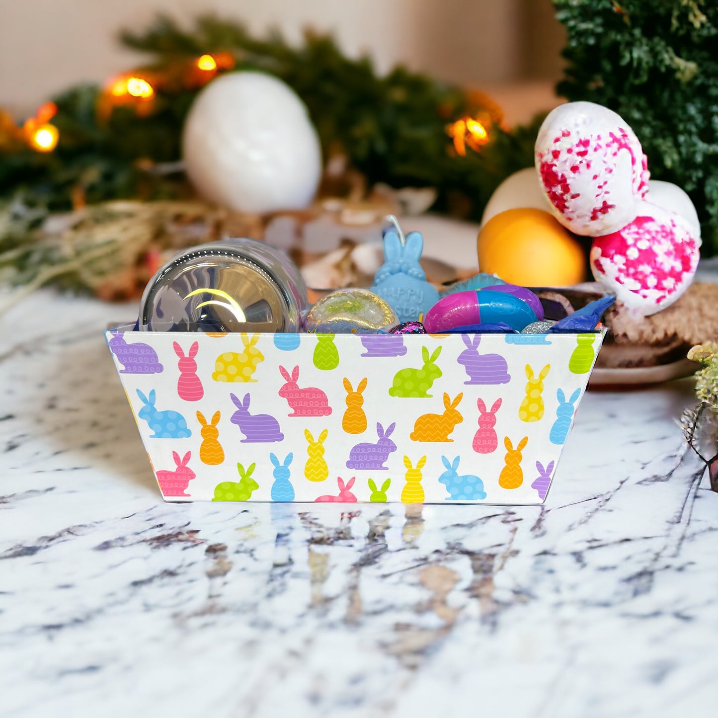 Bunny Bliss Easter Basket Colorful Bunnies and Scented candle