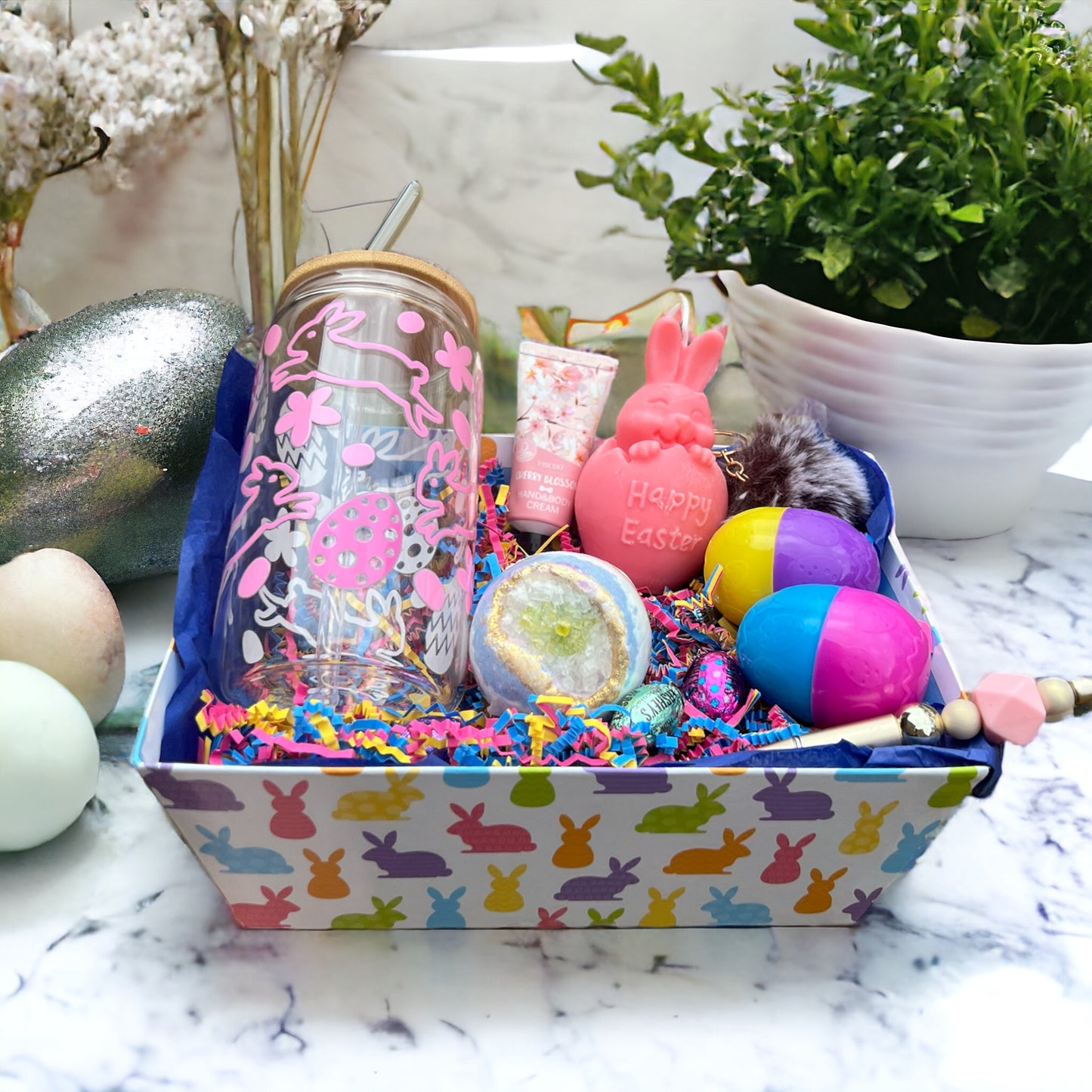 Bunny Bliss Easter Basket Colorful Bunnies and Scented candle