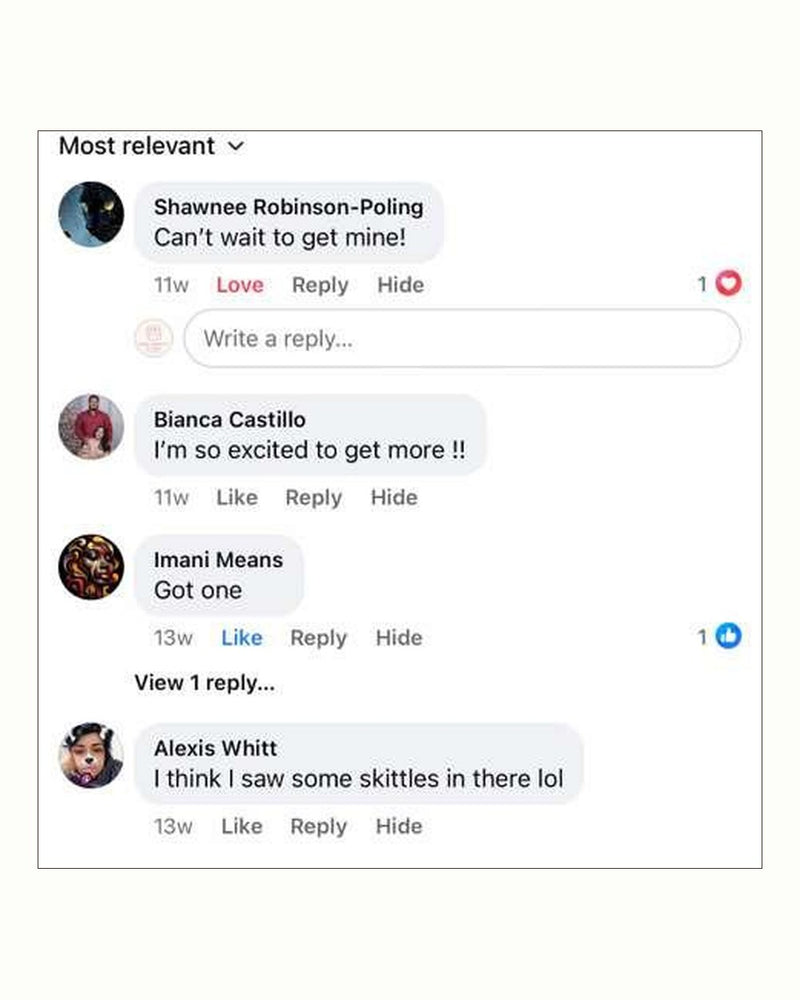 Facebook comments from customers waiting for their mystery bags to arrive