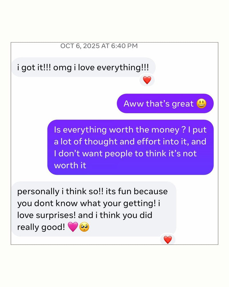 Facebook message: asked whether the bag was worth the money, the customer says it is fun because you don't know what you're getting
